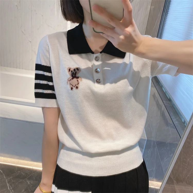 

Summer college style age-reducing embroidery bear polo shirt short-sleeved fine wool waist all-match T-shirt top