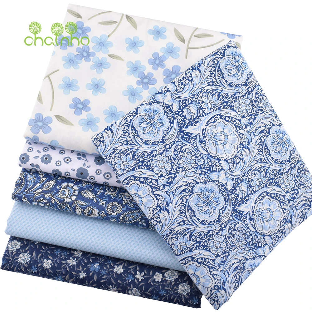Chainho,Printed Twill Weave Cotton Fabric,DIY Qulting Sewing Material,Patchwork Cloth,Blue Series,6 Designs,3 Spiecification