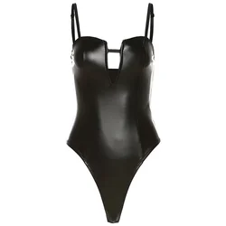 Chic Solid PU Leather Backless Bodysuit - Sexy Sleeveless Lingerie - S (Black Bodysuit)