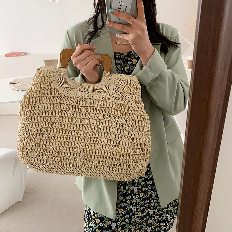 Summer Woven Straw Handbag Female Wooden Handle Bag Large Capacity