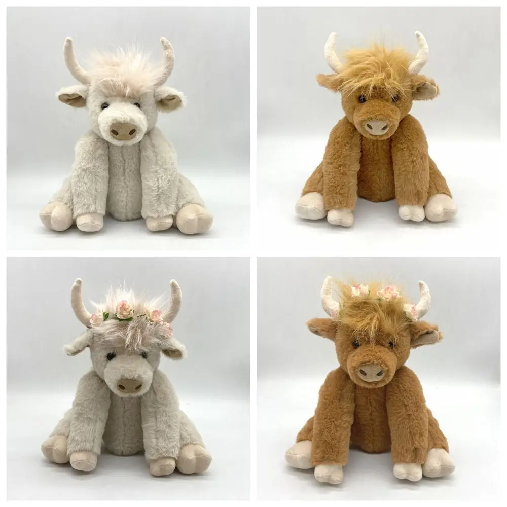 Simulation Highland Cow Joints Movable Flower Hairband Movable PP Cotton Doll Fluffy Texture Realistic Design Long Hair Yak