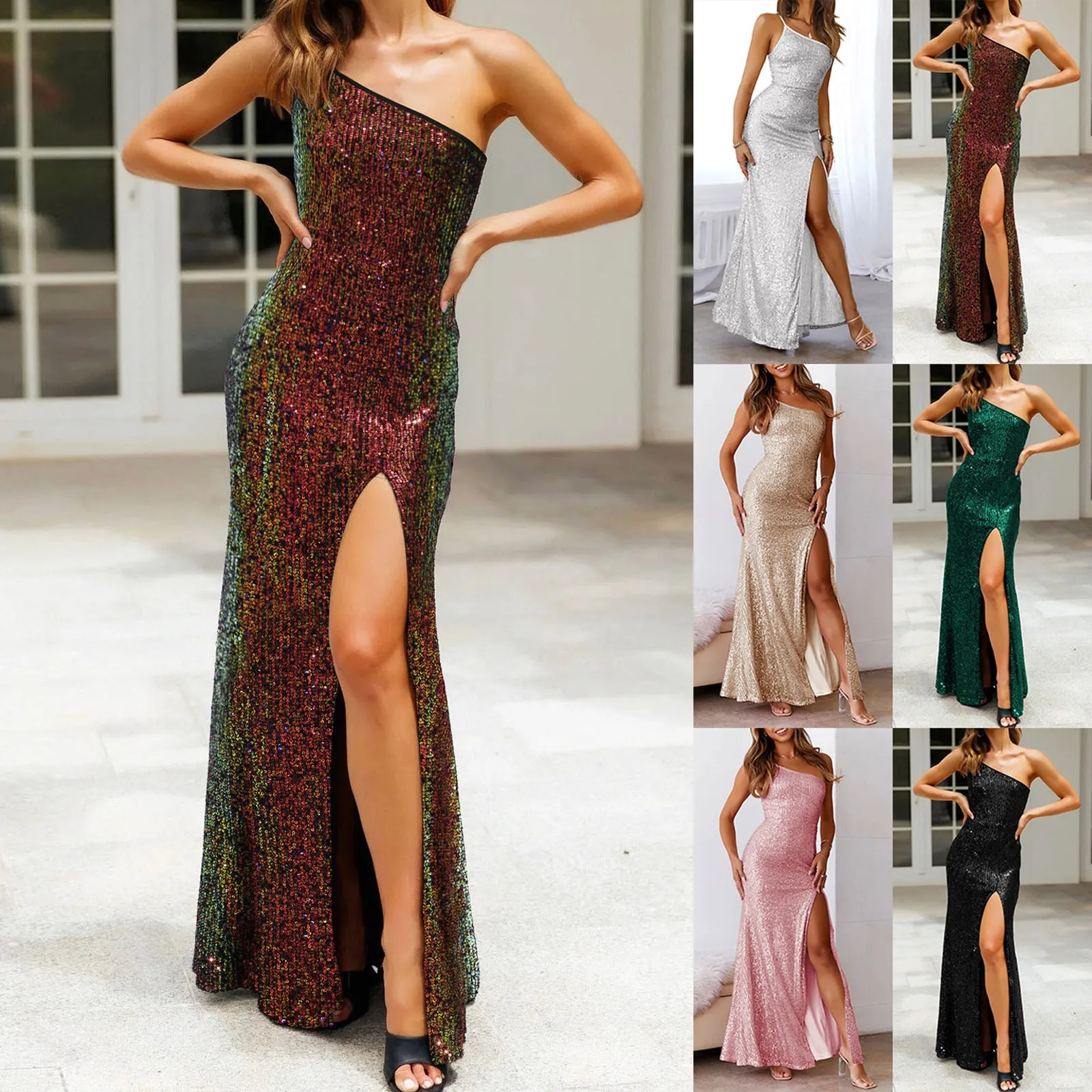 

Women's Solid Sequin Dress Strap Sleeveless Backless Split Hem Cocktail Split Party Dress Another Store Dress