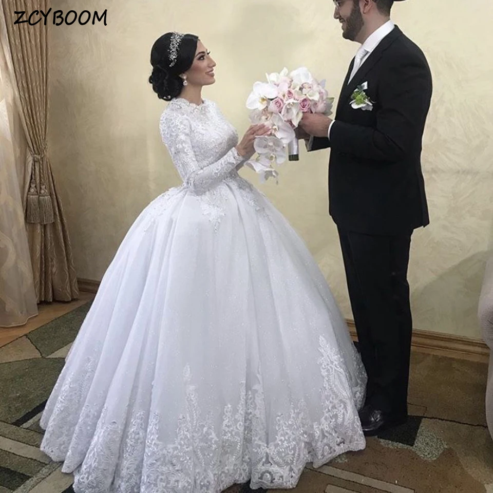 

Muslim Elegant O-Neck Lace Appliques Full Sleeves Wedding Dress 2023 Ball Gown Floor Length Zipper Pretty Women's Bridal Gown