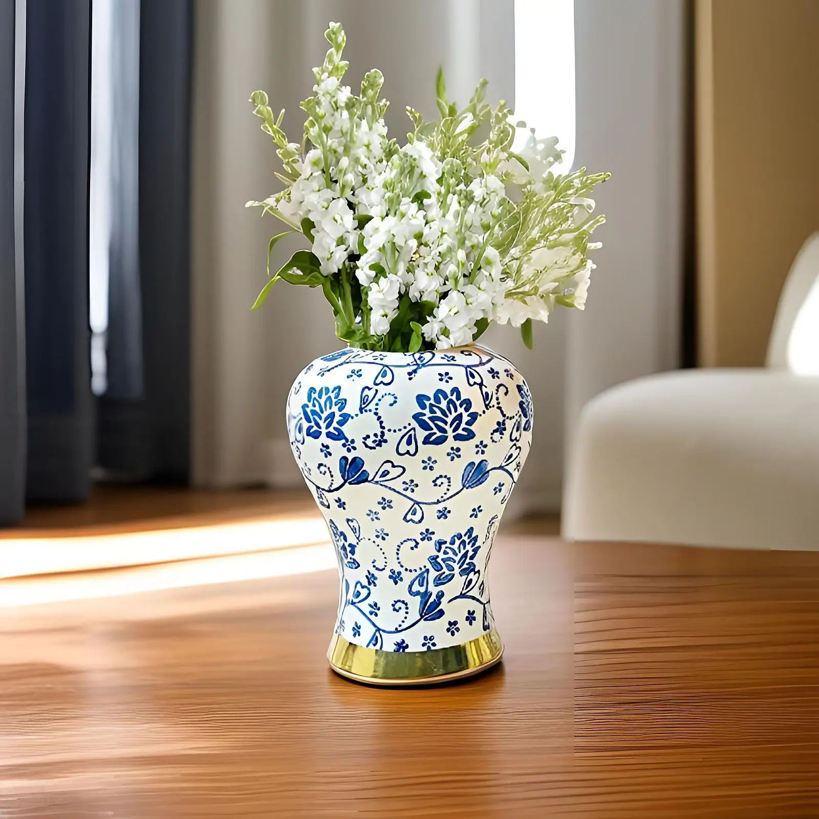 Blue and White Porcelain Ginger Jar Vintage Flower Arrangement Decorative Vase