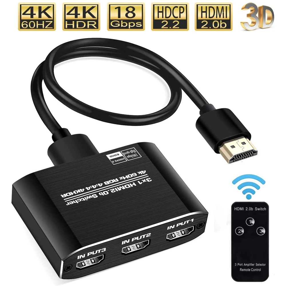 

Navceker 4K 60Hz Mini 3 Port HDMI Switch 2.0 4K Switcher HDMI Splitter 1080P HDR 3 in 1 out Port Hub for DVD HDTV Xbox PS3 PS4