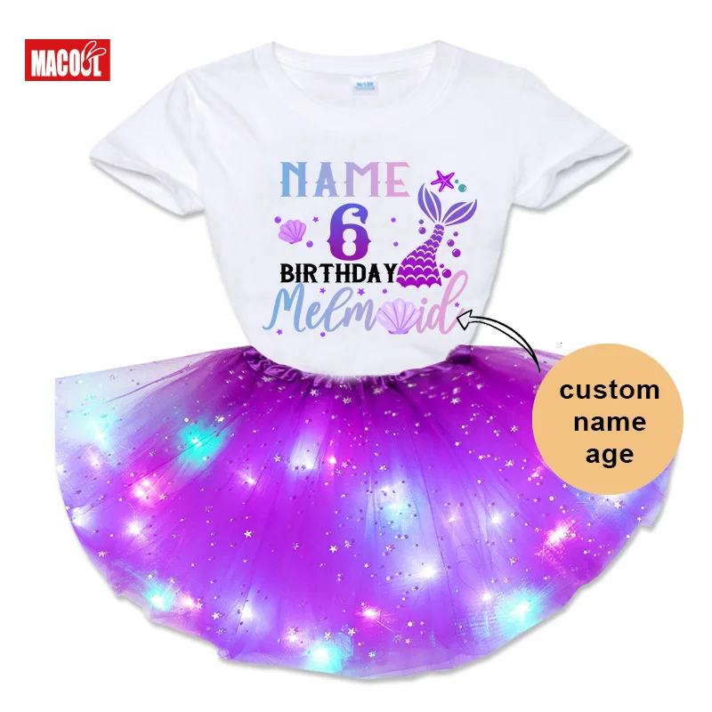 Ragazze Compleanno Tutu Dress Set Compleanno Sirena T Shirt Ragazza Bambini Dress Set Party Light Christmas Dress Bambina Costume Nome