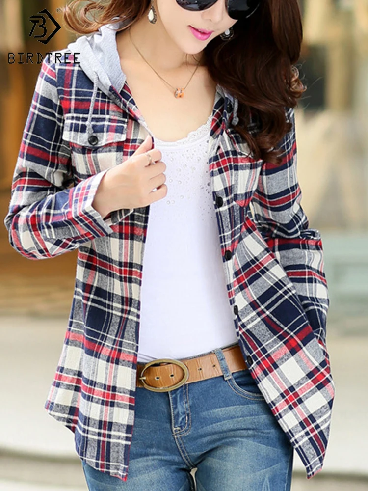 Plaid Hooded Shirts Woman Pocket Cotton Long Sleeve Casual All Match Blouse Tops For Spring Autumn T27503X
