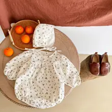 

2022 Spring New Baby Girl Corduroy Bodysuit Cute Princess Puff Sleeve Floral Jumpsuit + Hat Infant Toddler Girl Outfits