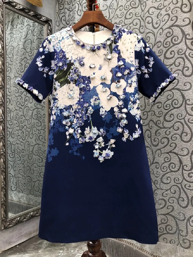 

New 2023 Summer Dress High Quality Clothing Women Appliques Floral Deco Short Sleeve Slim Fitted Party Vintage Dress Vestidos