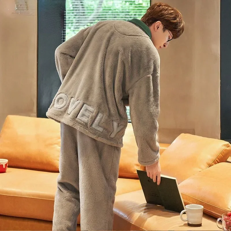2024 New Men's Pajamas Autumn and Winter Coral Fleece Loungewear Thickened Flannel Warm Homewear Set Loose V-neck Sleepwear