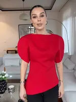 Blouse élégante unie à manches bouffantes et ourlet asymétrique col rond pour femme HH – T-shirts tendance printemps 2026 – Hauts streetwear Y2K pour femme 5