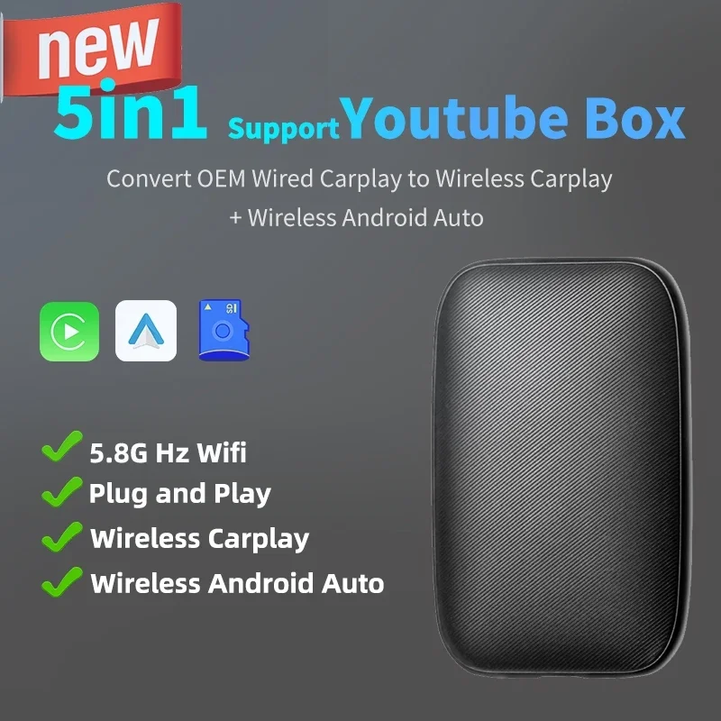 

Carplay Android Auto Wireless Adapter 5in1 Smart Streaming AI Box Car OEM Wired Car Play To Wireless Support Youtube Netflix