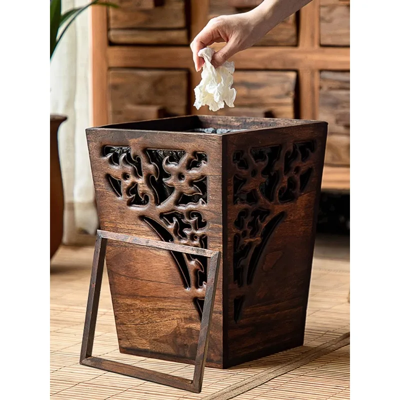 

Vintage creative living room, bedroom, wooden trash can, household toilet, kitchen, new Chinese style solid wood paper basket st