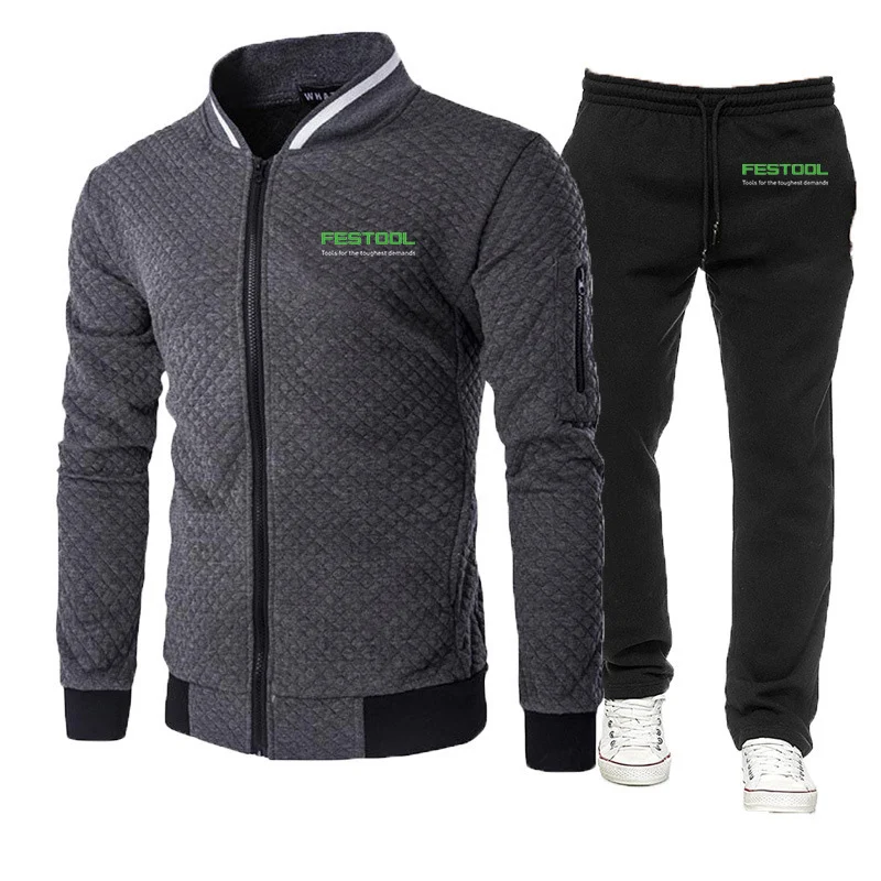 Festool 2023 Men New Spring and Autumn Round Neck Printing Tracksuit Zipper Hoodies Tops Pants Hooded Two Pieces Suit