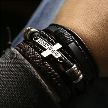 WESTBULL 3 pezzi/set bracciali in pelle multistrato per uomo braccialetti con ciondolo a croce gioielli regalo 1