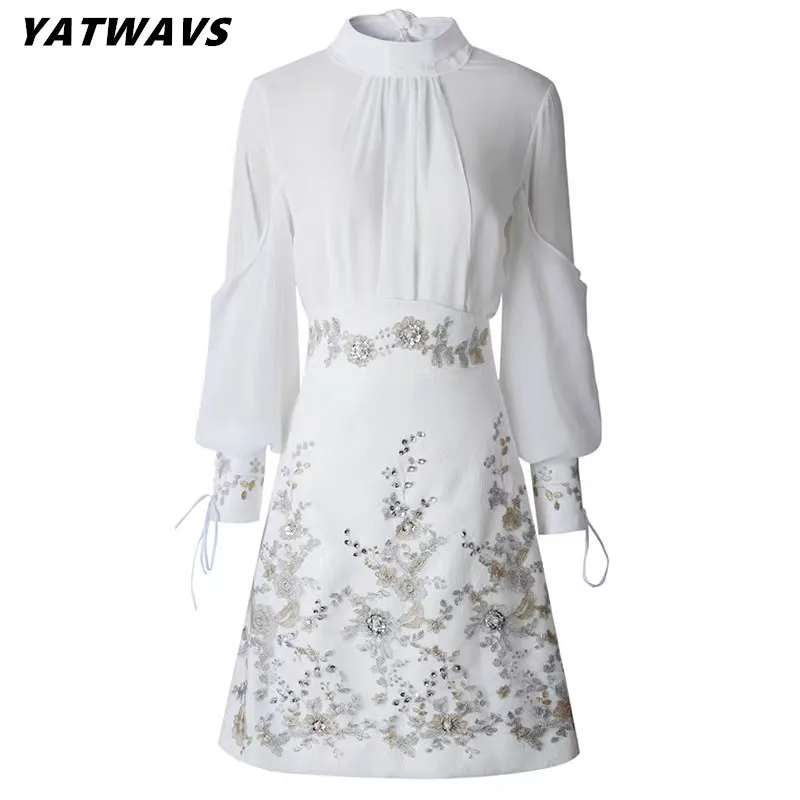 

Runway Spring Skirt Suits Women Sets Fashion Lantern Sleeve Bows Chiffon Blouses Tops+Vintage Beaded Flower Appliques Skirts Set