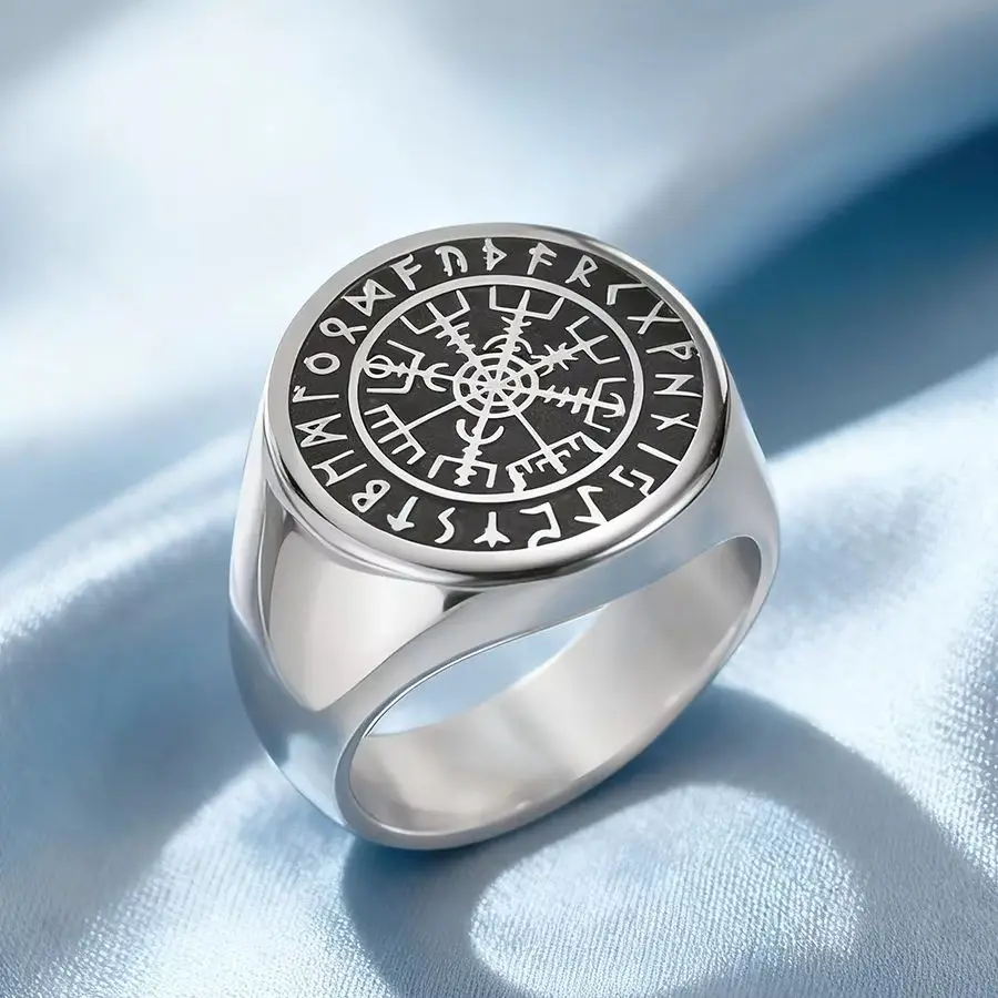 Dawapara Nordische Runen Vegvisir Ring Kompass Skandinavien Schutz-Talisman Edelstahl Herrenring