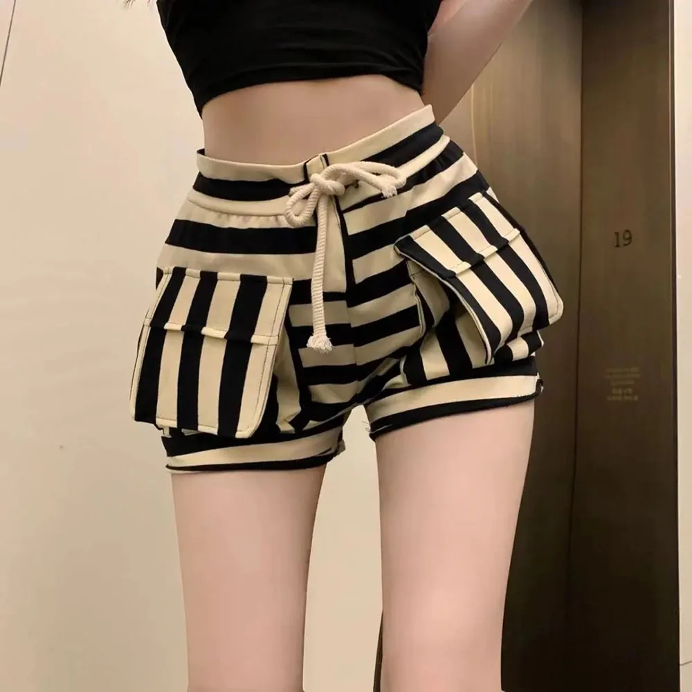 

L-5XL 150 kg Summer Striped Shorts Women's Elastic High Waist Loose wide leg Sports Short Pants Casual Pocket Female Bottoms