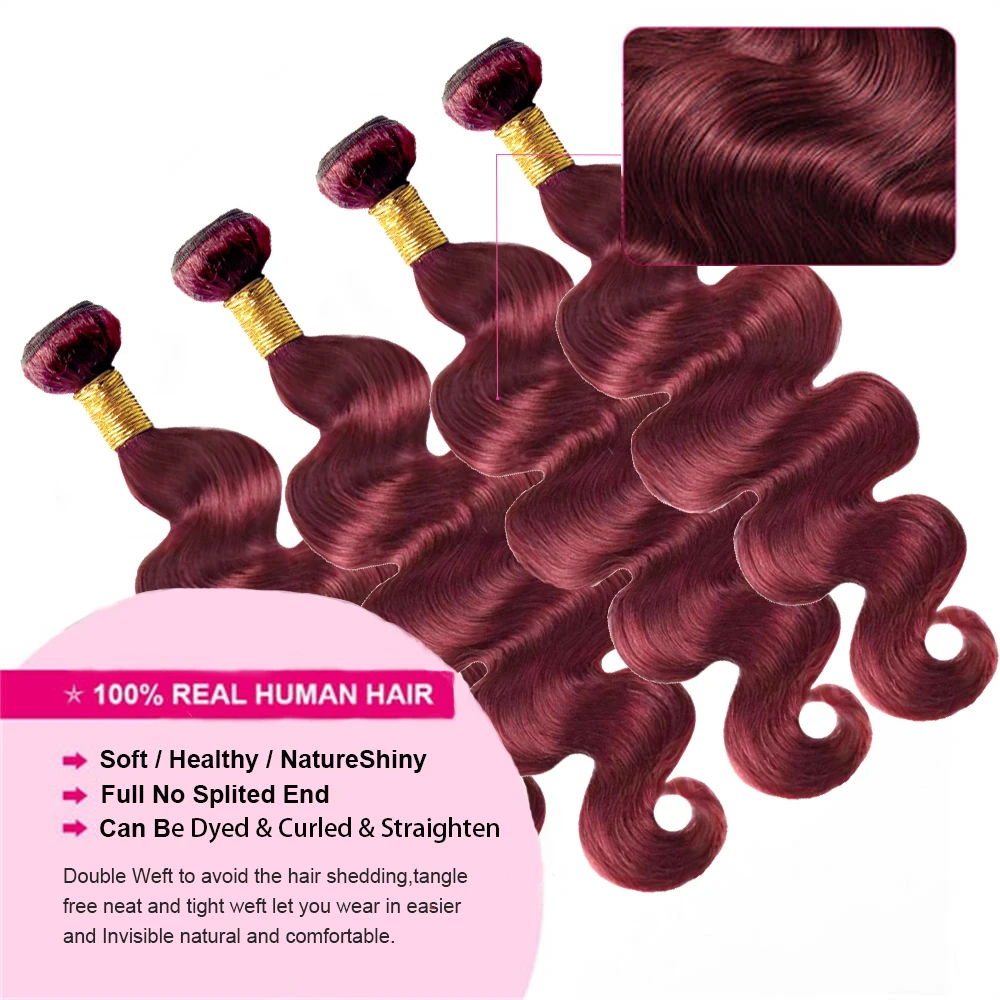 Body Wave 99J Burgundy Human Hair Bundles with Closure Frontal 13x4 Transparent Lace Frontal Brazilian Wine Hair Extenstion Remy