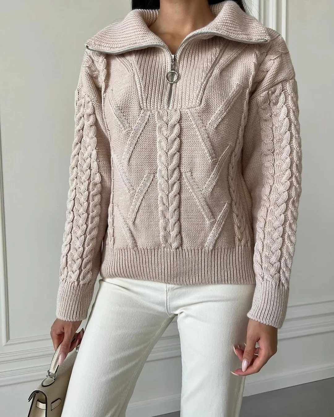 

New Korean version lazy style zippered high necked loose sweater for women