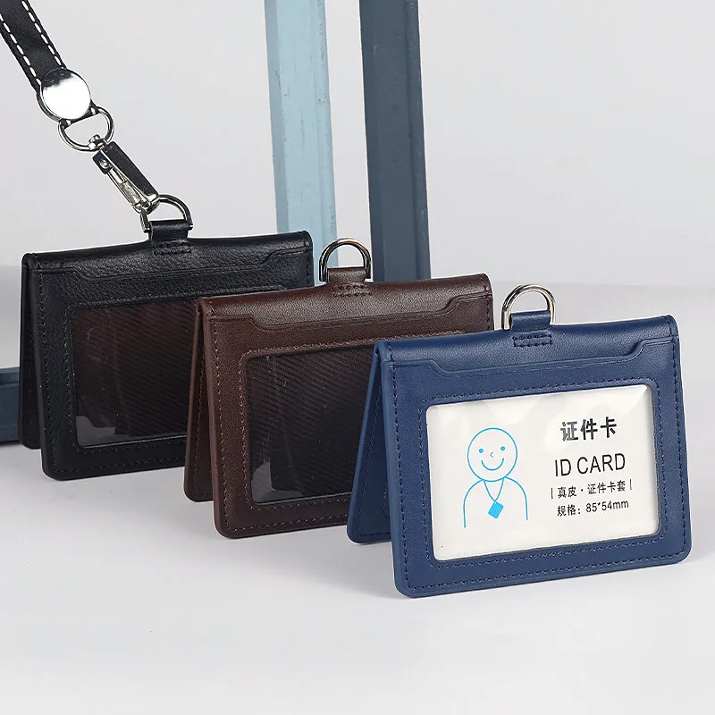 Cowhide ID Card Holder Business Document Case Leather Factory Staff Office Workers Badge Tag Cases with Lanyard Aviation Style