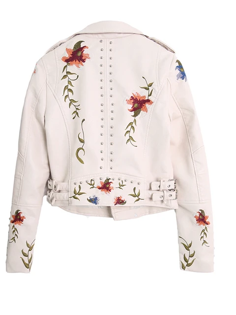 Ftlzz Women Floral Print Embroidery Faux Soft Leather Jacket Coat 2