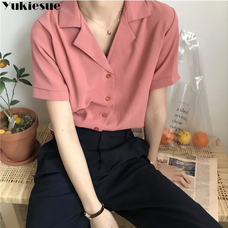 

Summer Leisure Simple Korean Style Suit Collar Chiffon Short Sleeve Shirt Versatile Solid Casual Women's Commuting Elegant Top