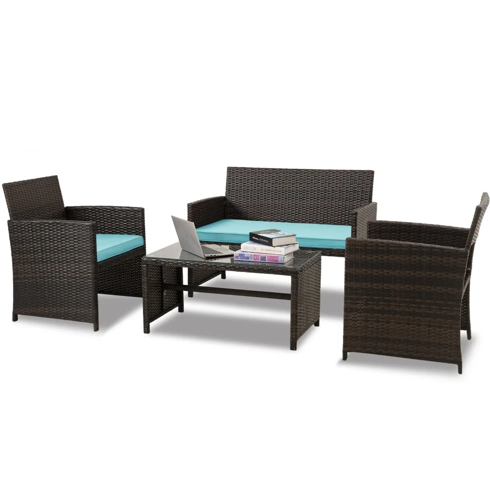 

4 Pieces Outdoor Wicker Furniture Sets PE Rattan Table Chair Patio Cushions Chair Glass Tabletop Lawn Balcony Garden Yard Chairs