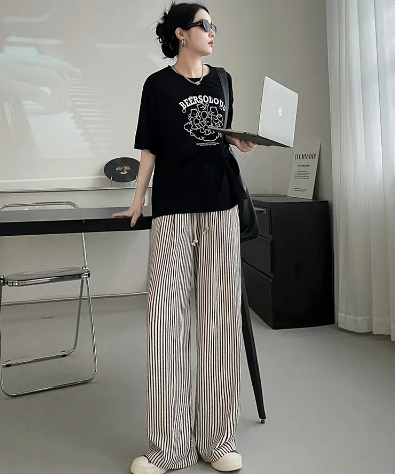 Stripe Fashion Casual Pants Women's Lace-up Elastic Waist Straight Sports Pants High Waist Wide Leg Pants
