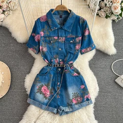 Amolapha Women Denim Printed Rompers Summer's New High-waisted Slimming Wide-leg Jumpsuit