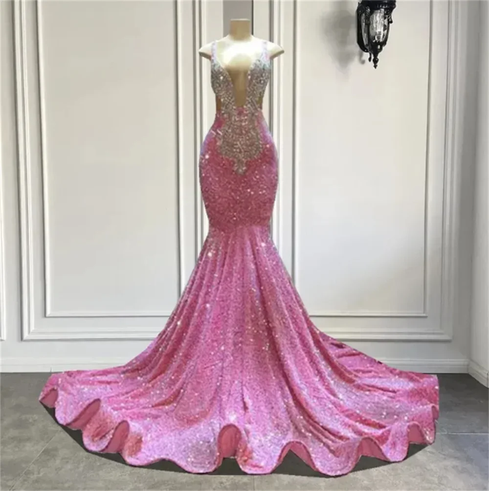 

Luxury Long Prom Dress Sexy Mermaid Sparkly Pink Sequin Black Girls Crystals Evening Formal Gala Party Gowns فساتين سهرة