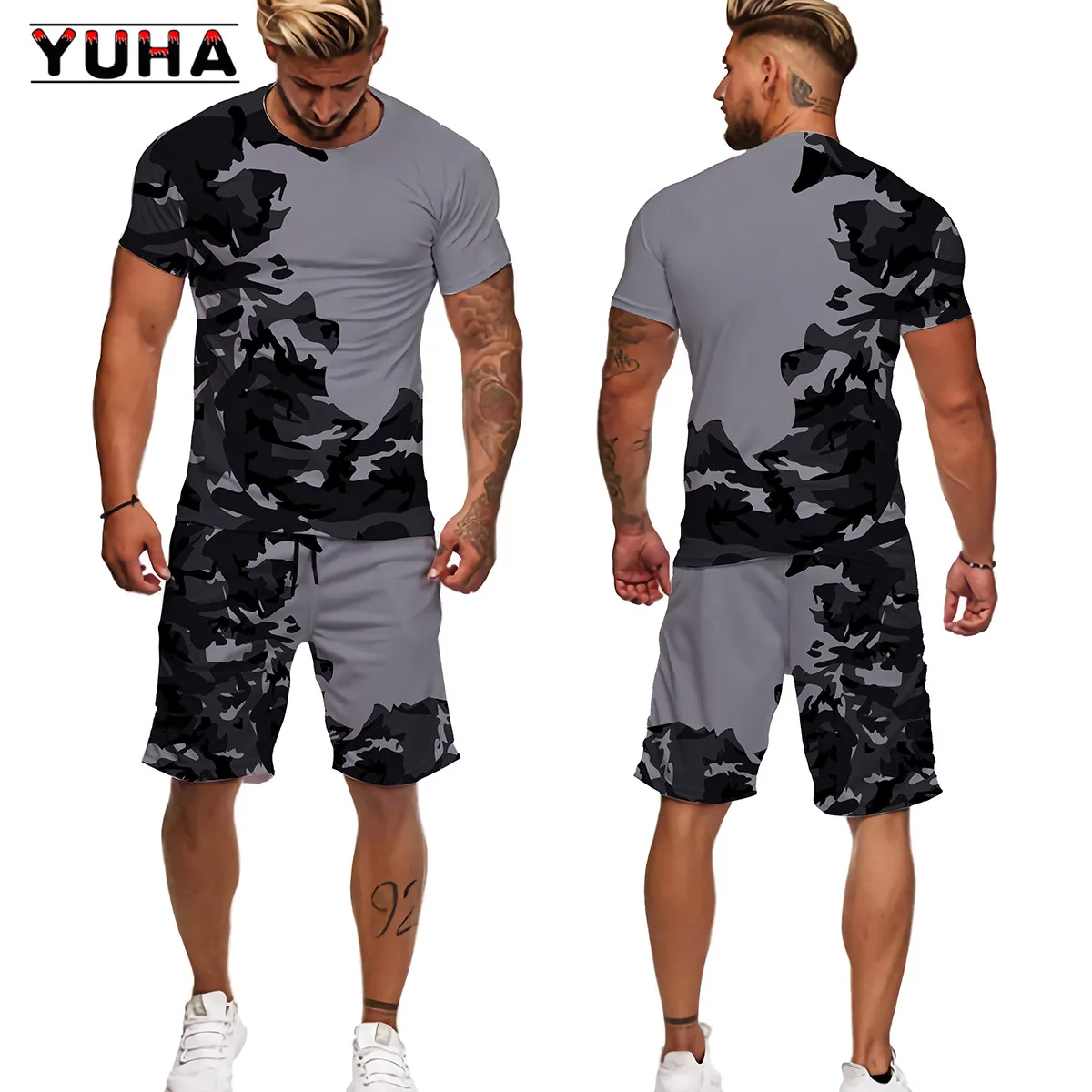 YUHA 2022 Summer Camouflage Tees/Shorts/Suits Men's T Shirt Shorts Tracksuit Sport Style Outdoor Camping Hunting Casual Mens Clo