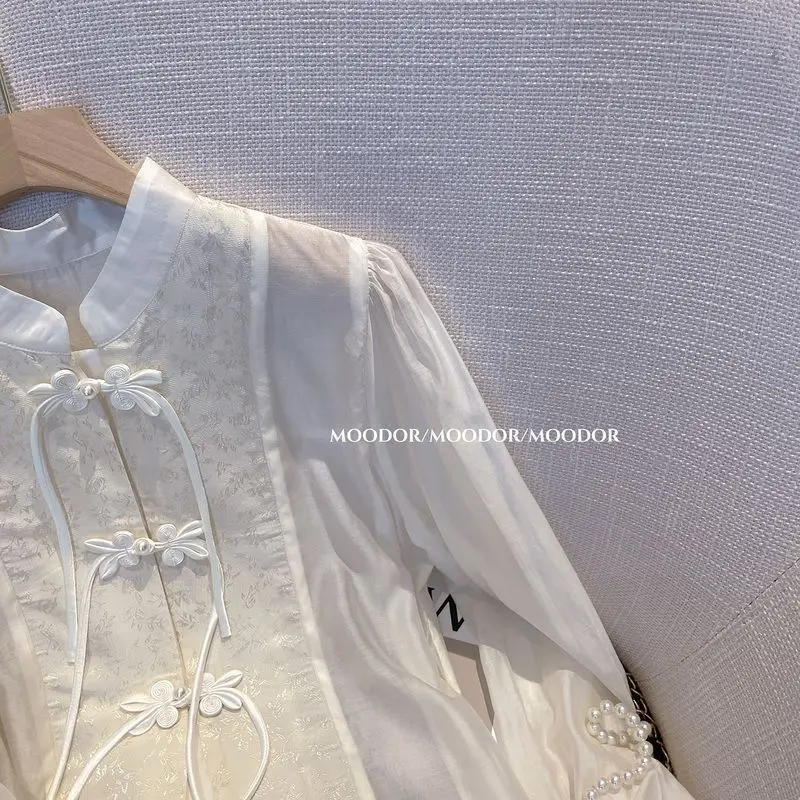 Jacquard Long Sleeve White Shirt Top Women's Spring Autumn Improved New Traditional Chinese Style Blouse Temperament Shirts