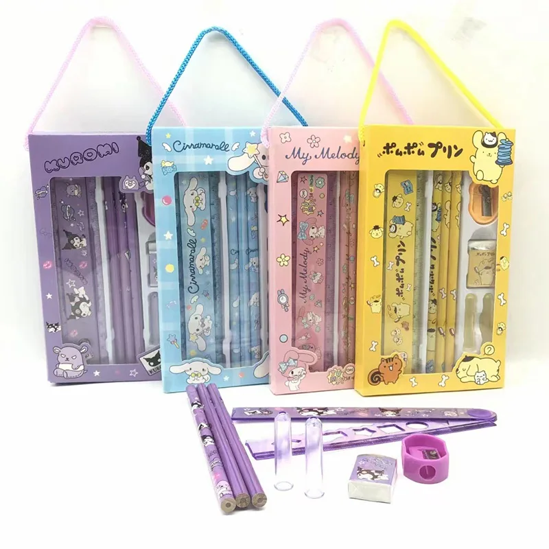 

Kuromi My Melody Sanrio Anime Kawaii Stationery Set School Pencil Sharpener Cute Cinnamoroll Ruler Rubber Pen Cartoon Kids Gifts