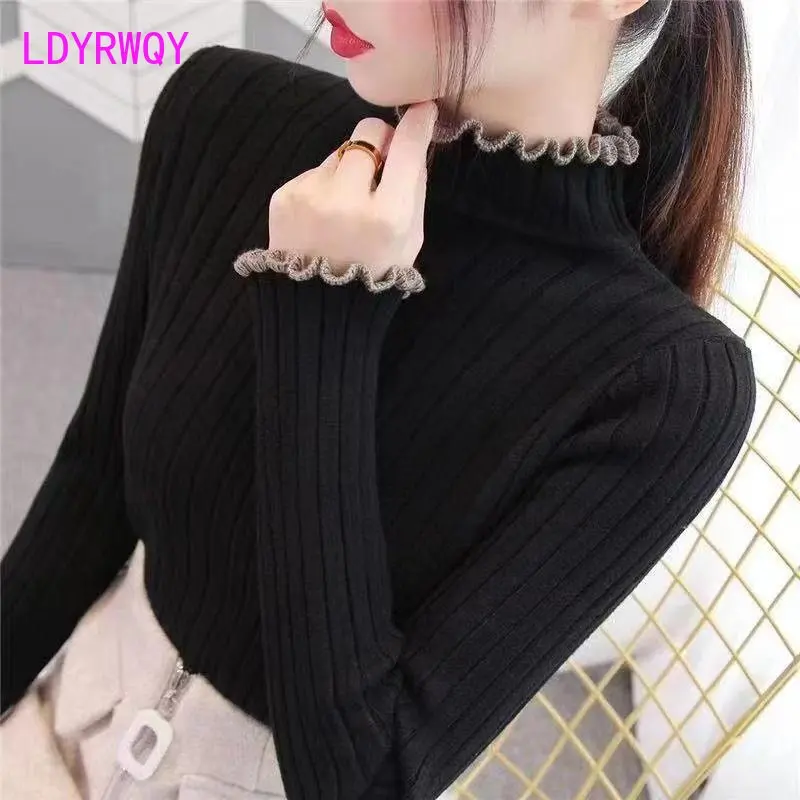 

Semi-turtleneck knit base women's Autumn/Winter 2022 new long sleeve sweater with agaric edge