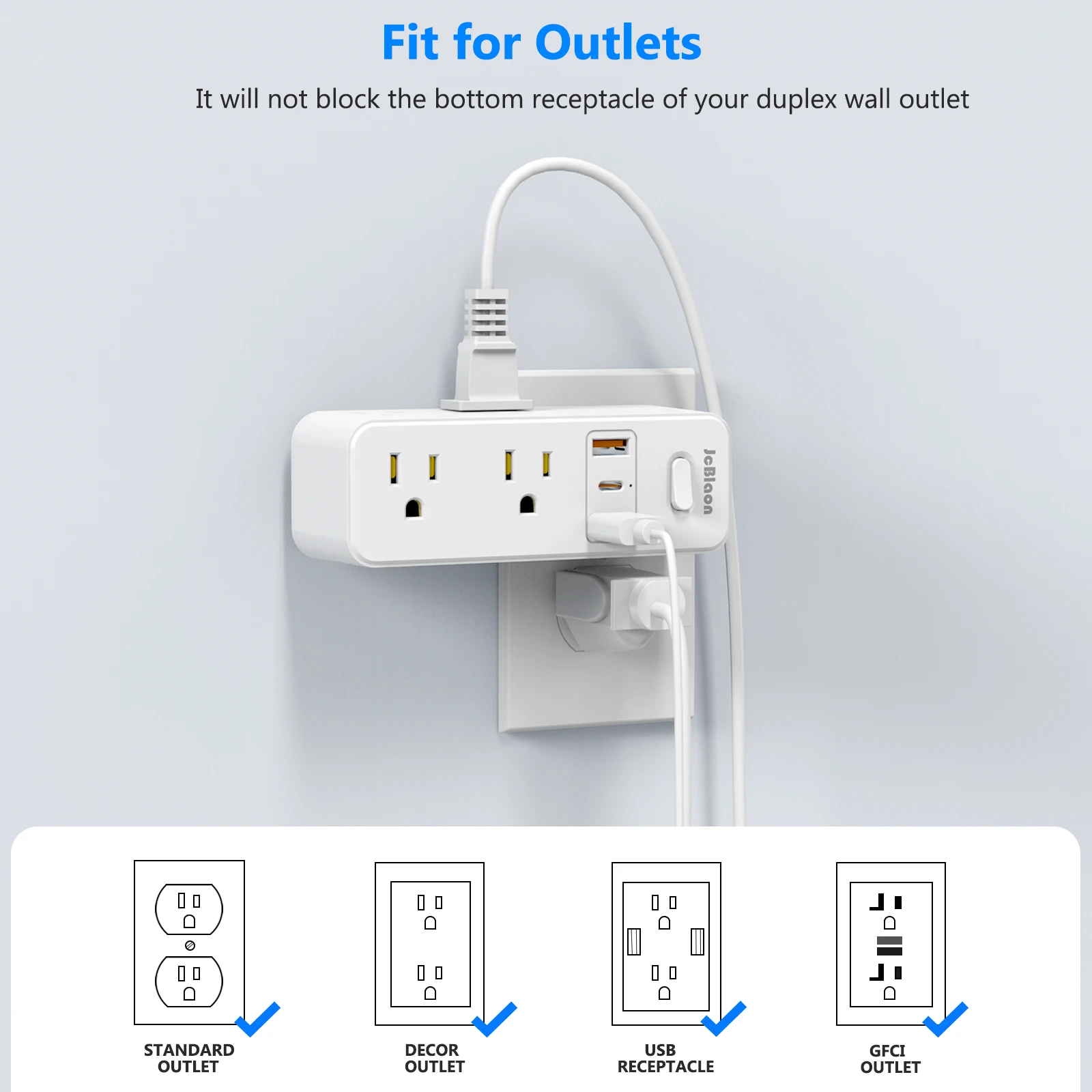 360&deg;Rotating Power Strip US Plug with 6 AC Outlets 3 USB Ports 1 Type-C,Multiple Wall Socket with Switch Network Filter for Home