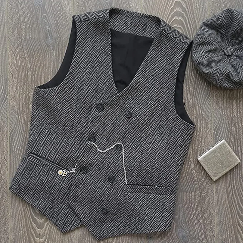 Gilet de costume pour hommes, col en V, laine à chevrons, Tweed, Double