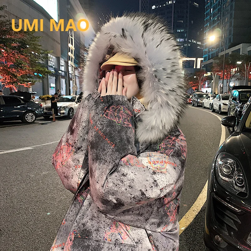 

UMI MAO Cotton Coat Women's Winter Jacket Graffiti Space Large Fur Collar Thickened Warm Hooded Couple Men Women Coats Femme