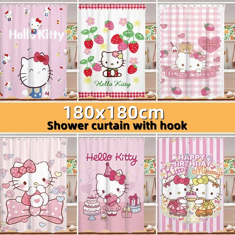 Sanrio Shower Curtain Kawaii Sanrio Hellokitty Cinnamoroll Mymelody Kuromi Cartoon Shower Curtain Waterproof Polyester Bathroom Curtain With Hook Gift