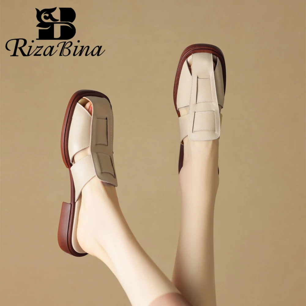 

RIZABINA Genuine Leather Women Pumps Fashion Cover Toe Low Heel Summer Sandals Ladies Comfort Slip On Causal Footwear Handmade