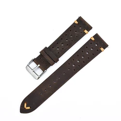 Vintage Style Handmade Genuine Leather Watch Strap - Soft, Stitched Rally Design - 20mm (Dark brown)