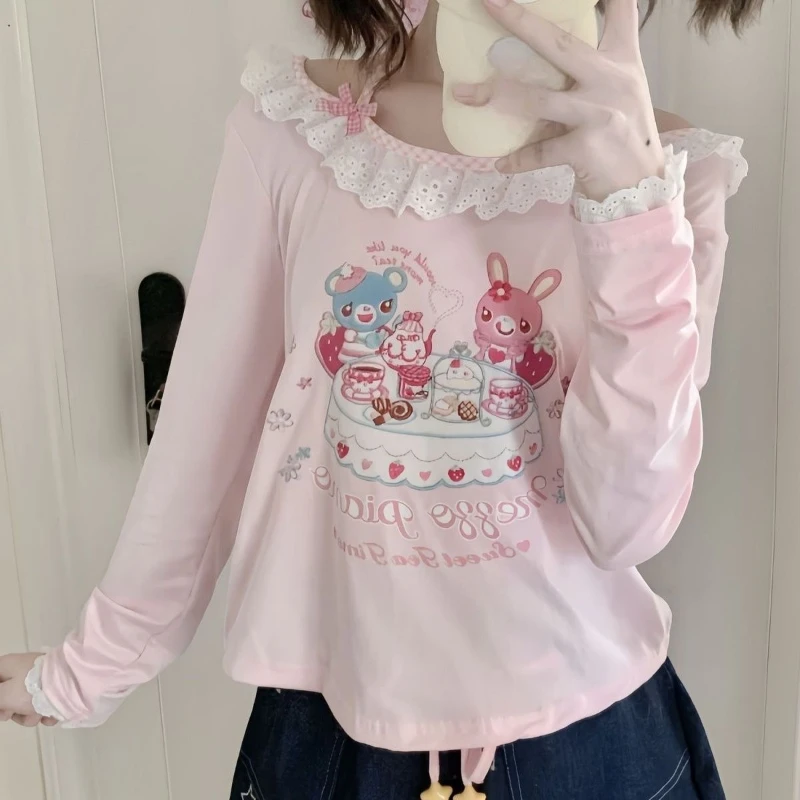 Japanese Girls Cartoon Printing Halter T-shirt Harajuku Grunge Kawaii Cute Loose Tees Women Y2k Aesthetic Lace Patchwork Tops 3