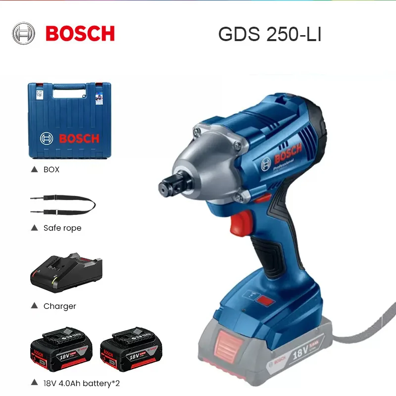 

Bosch Cordless Impact Wrench GDS 250-Li Rechargeable Wireless Screwdriver 250Nm Torque with 18V 4.0Ah 2 Battery 1 Charger Socket