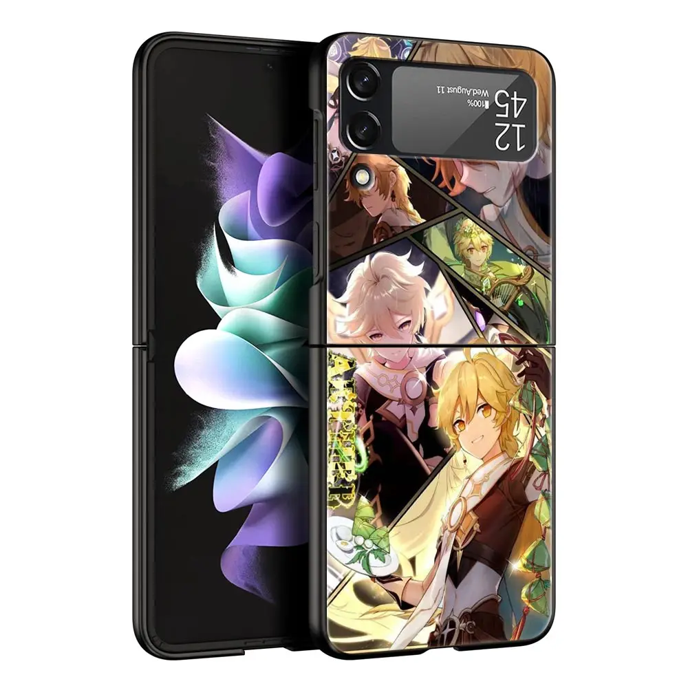 Stylish Black Folding Phone Case with Genshin Impact Ayato Wanderer Design