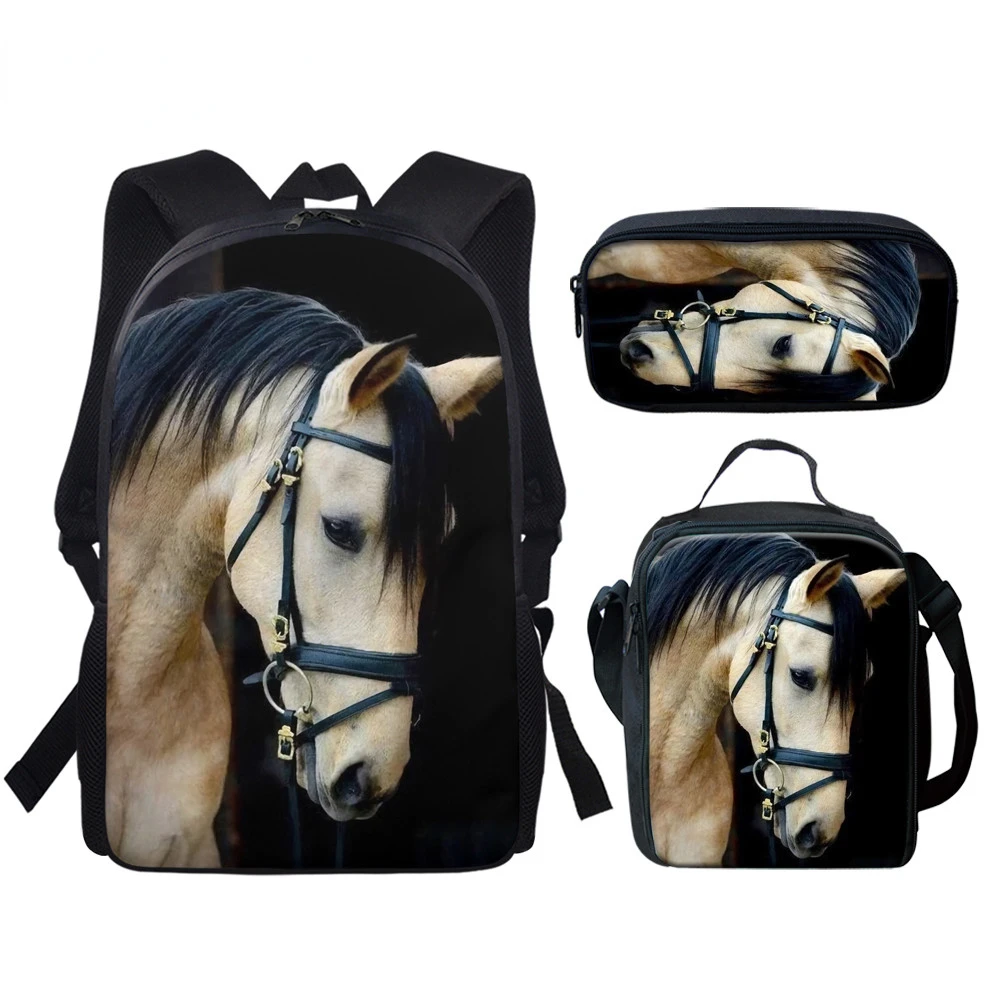 Classic Creative Funny Black White Horse 3D Print 3pcs/Set pupil School Bags Laptop Daypack Backpack Lunch bag Pencil Case