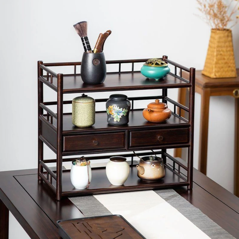 

Tabletop Chinese Bamboo Teapot Organizer Exquisite Small Ornaments Display Stand Convenient Storage Drawer Tea Accessories