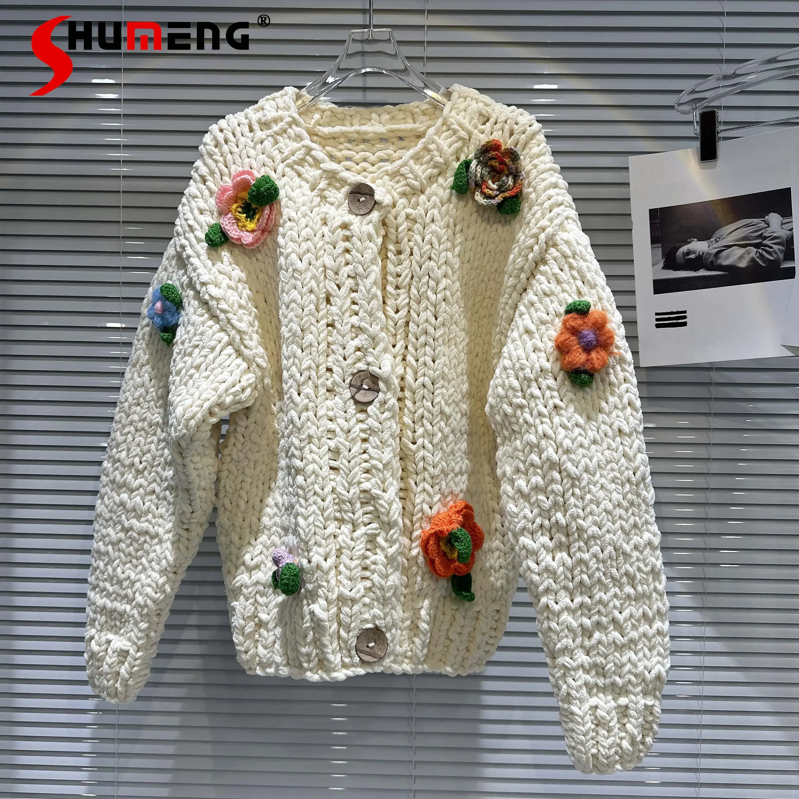 

New Fashion 2023 Autumn Women's Knitting Sweater Long Sleeve Embroidery Three-Dimensional Flowers Coarse Yarn Cardigan Top