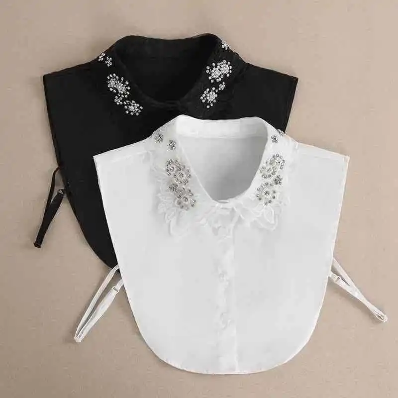

Autumn Winter Women's Double-layer Sewn Diamond Shirt: Versatile Black and White Fashionable Solid Color Flower Fake Collar