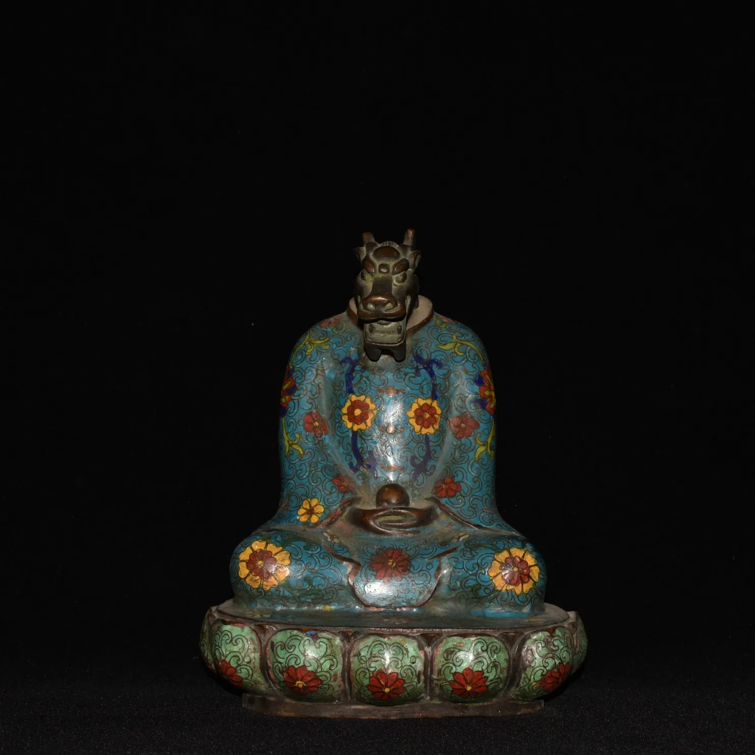 

10"Tibet Temple Collection Old Bronze Cloisonne Enamel Floral Dragon Head Buddha Dragon King Lotus Platform Worship Hall