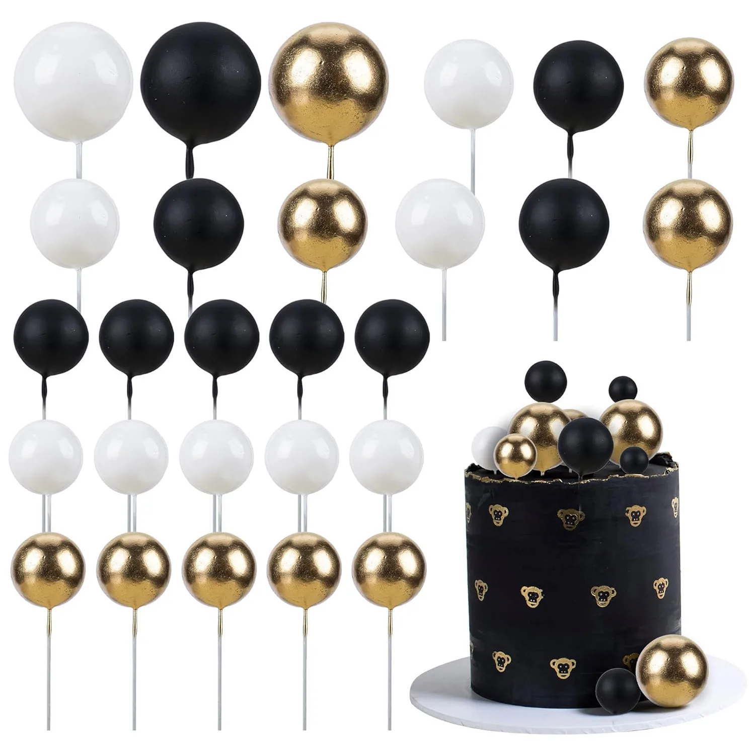 27PCS Black White Gold Ball Cake Toppers Mini Ball Cupcake Toppers DIY Foam Ball for Wedding Anniversary Birthday Party Supplies – Detail 1